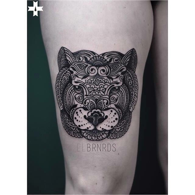 Mehendi Tiger Mask Tattoo on Thigh